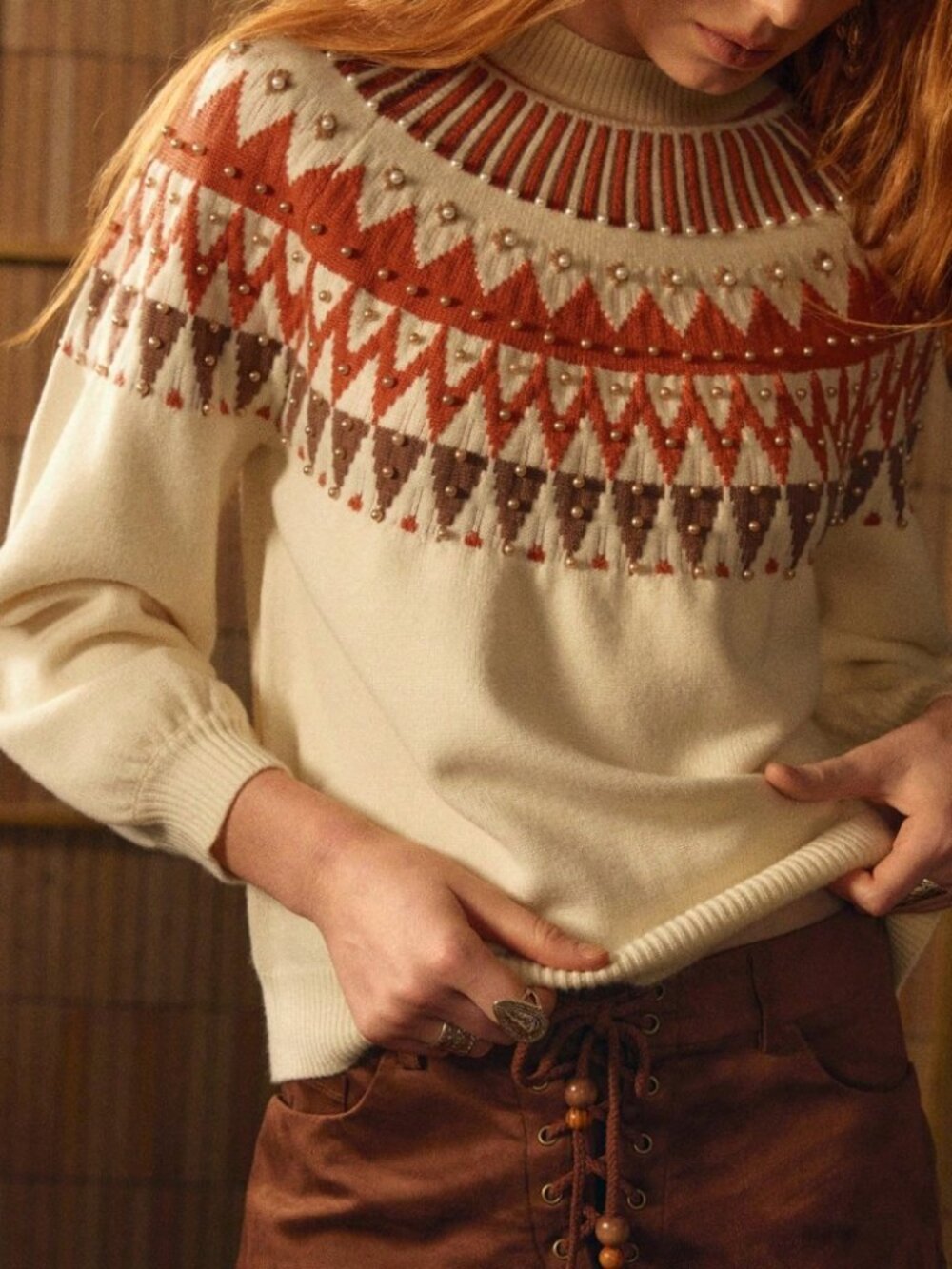 Ivory Fair Isle Pearl Beaded Yoke Knit Sweater